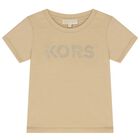 تيشيرت بنات بالشعار باللون البيج, 1, hi-res