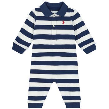 Baby Boys Navy & White Striped Logo Romper