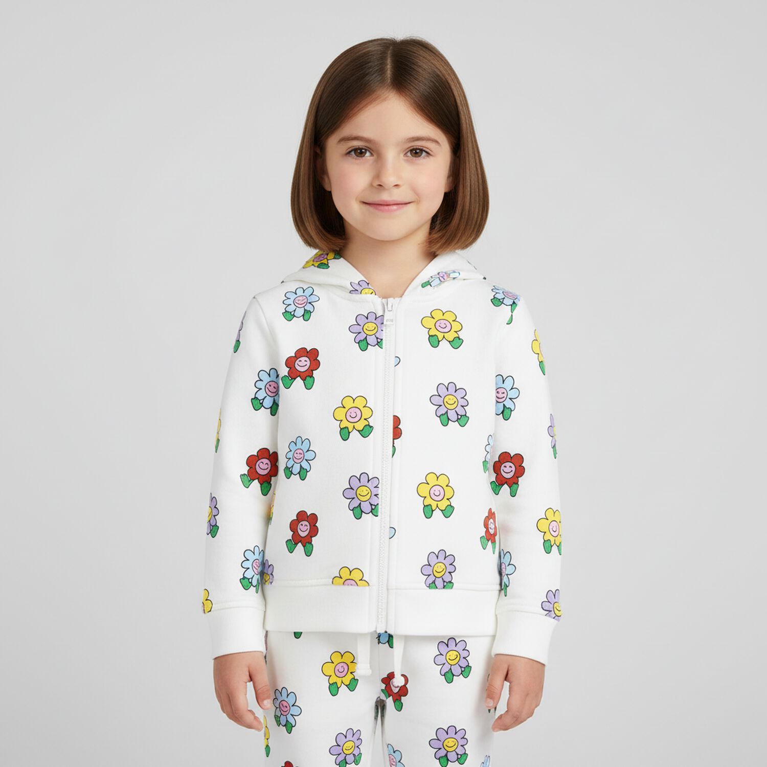 سويت شيرت بغطاء للراس وسحاب للبنات مزين بالزهور باللون العاجى , 1, hi-res