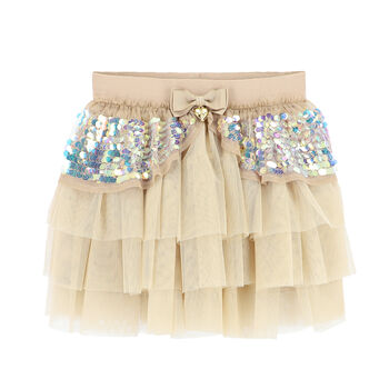 Girls Beige Sequin Tulle Skirt