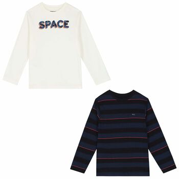 Boys Ivory & Navy Long Sleeve Tops ( 2-Pack )