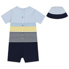Baby Boys Blue Striped Logo Romper & Hat Set, 1, hi-res