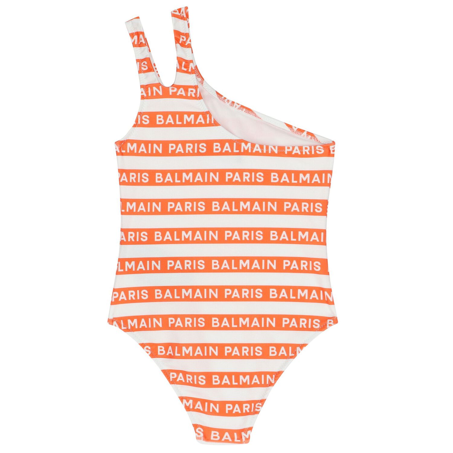 Girls White & Orange Logo Striped Swimsuit, 1, hi-res image number null