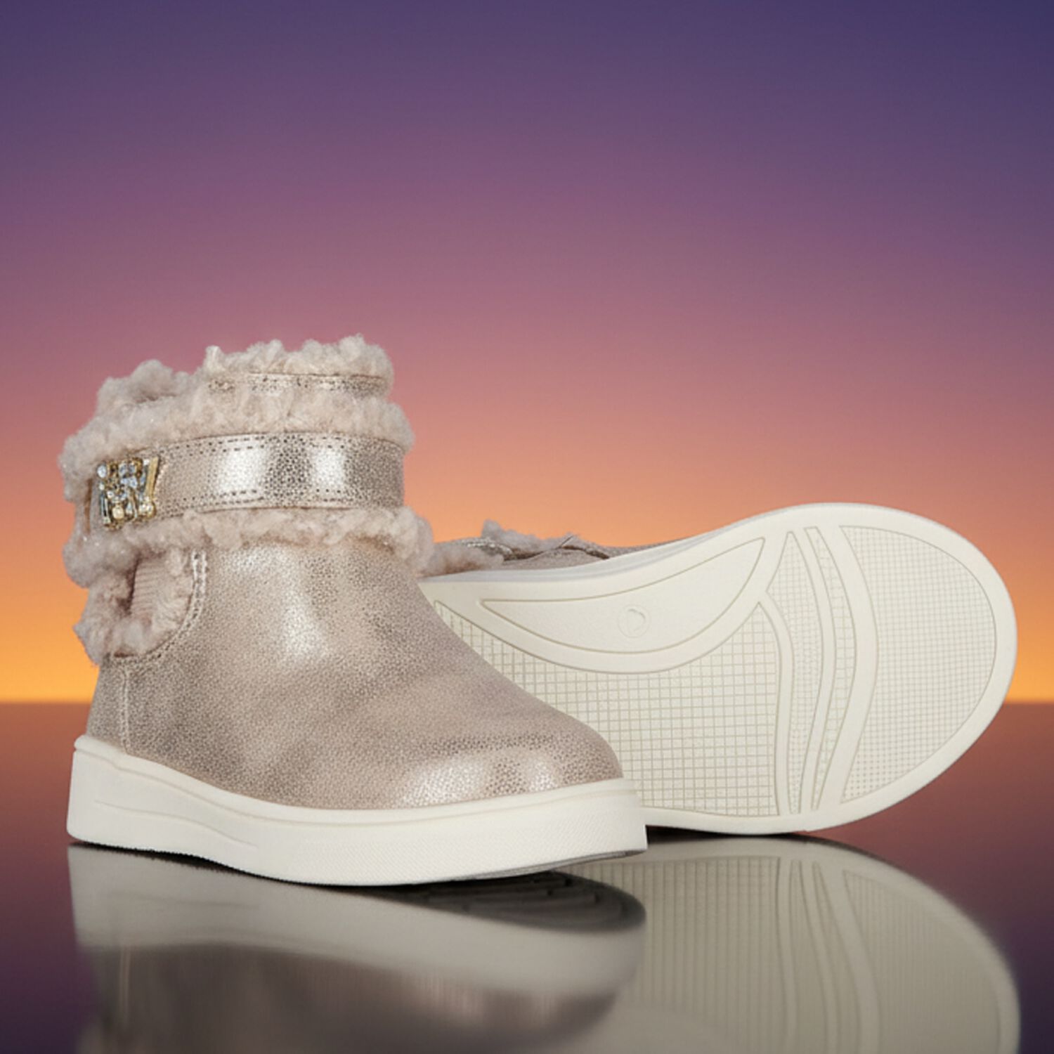 Younger Girls Gold Faux Fur Boots, 1, hi-res