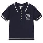 Girls Navy Blue Logo Knitted Polo Shirt, 2, hi-res