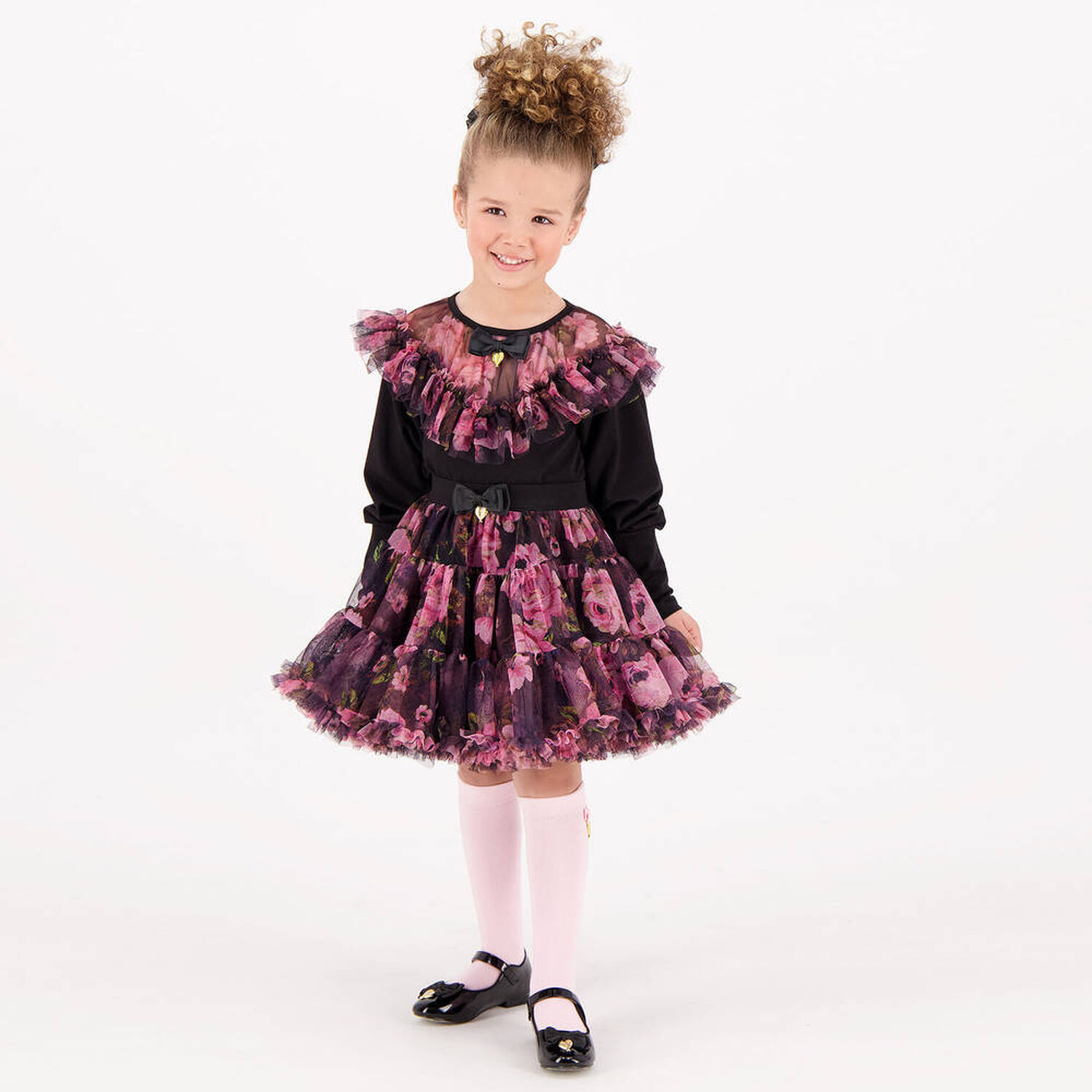 توب بنات بأكمام طويلة بطبعة الزهور باللون الأسود, 1, hi-res