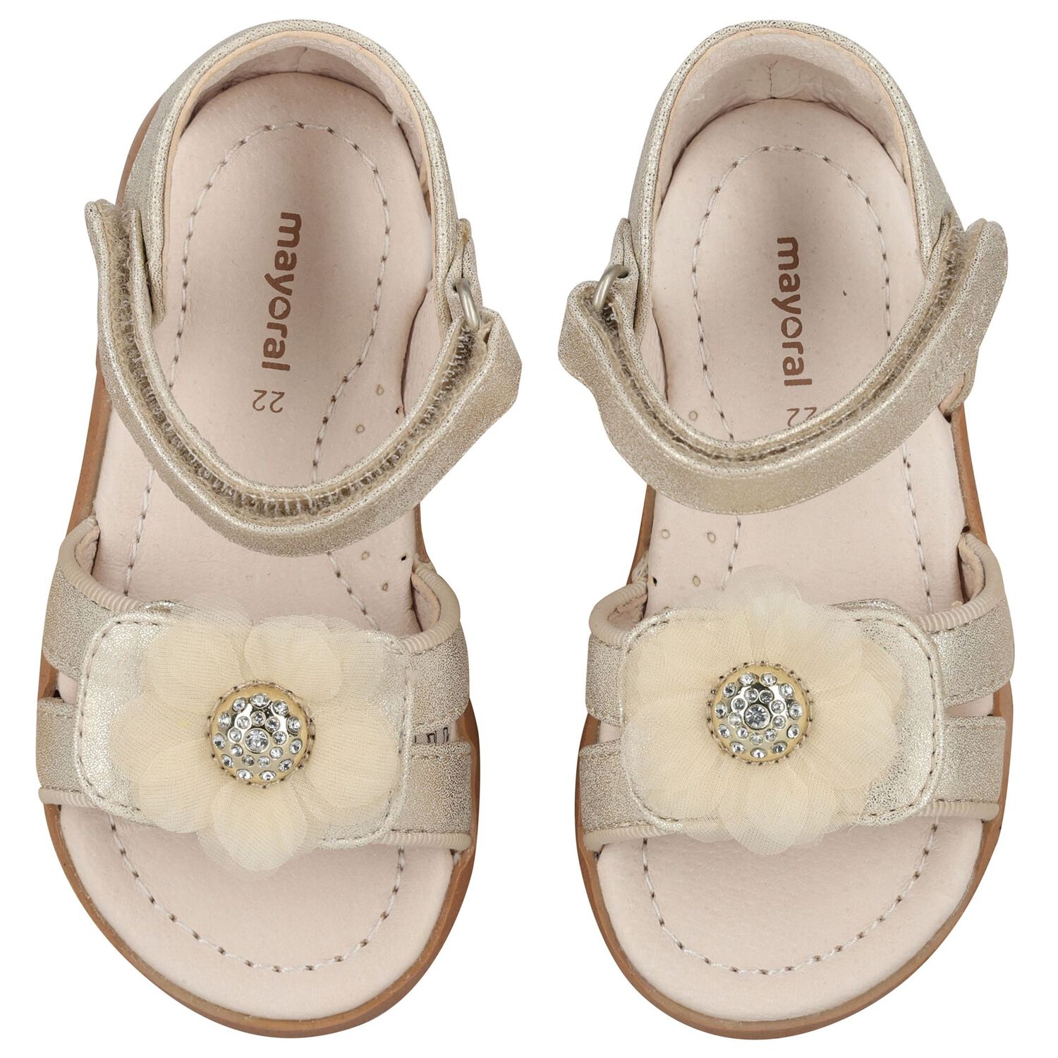Girls Gold Flower Sandals, 1, hi-res