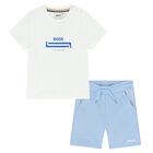Younger Boys White & Blue Logo Shorts Set, 1, hi-res