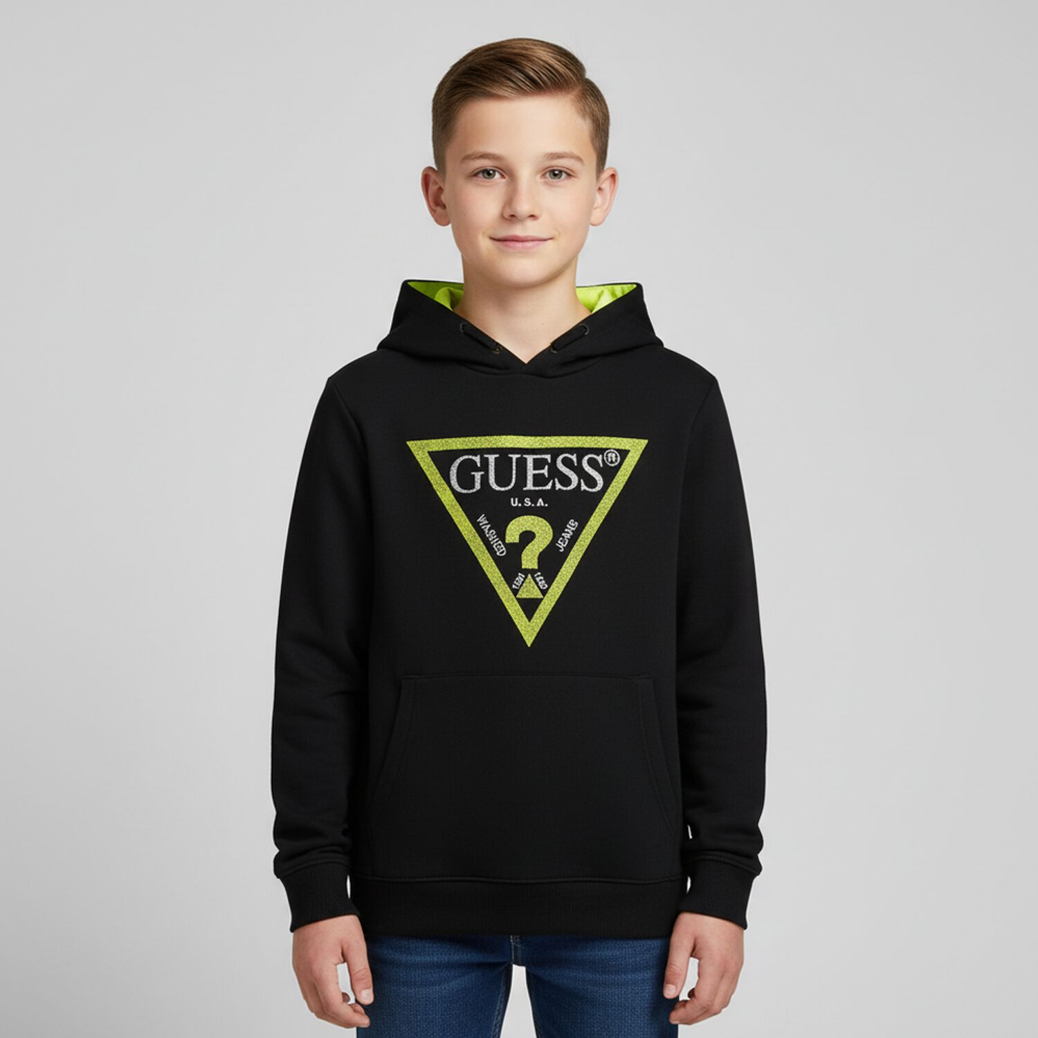 Boys Black Logo Hooded Top, 1, hi-res