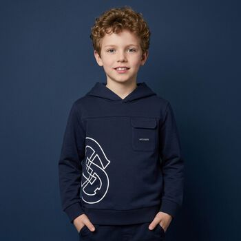 Boys Navy Blue Logo Hooded Top