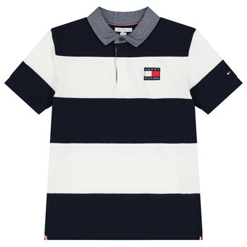 Boys Navy Blue & White Logo Striped Polo Shirt