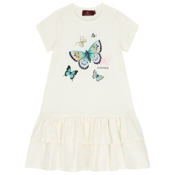Girls Ivory Butterflies Logo Dress