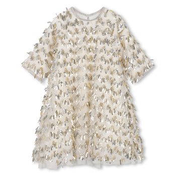 Girls Beige Sequin Fringe Mesh Dress