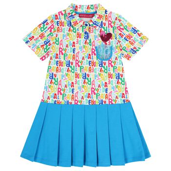 Girls White & Blue Logo Pleated Dress
