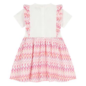 Younger Girls White & Pink Logo Zig Zag Dress