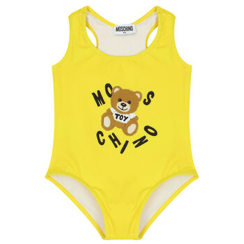 Girls Yellow Teddy Bear Logo Swimsuit