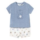 Baby Boys Blue & White Cotton Teddy Shorts Set, 1, hi-res