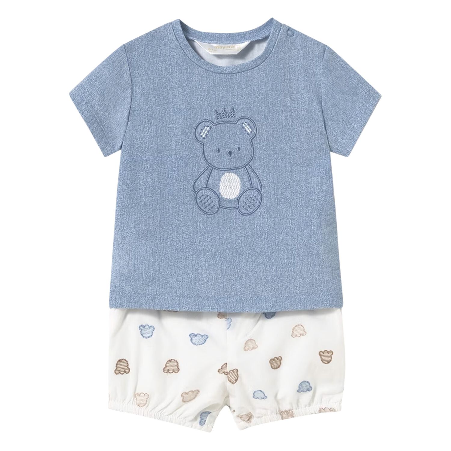 Baby Boys Blue & White Cotton Teddy Shorts Set, 1, hi-res