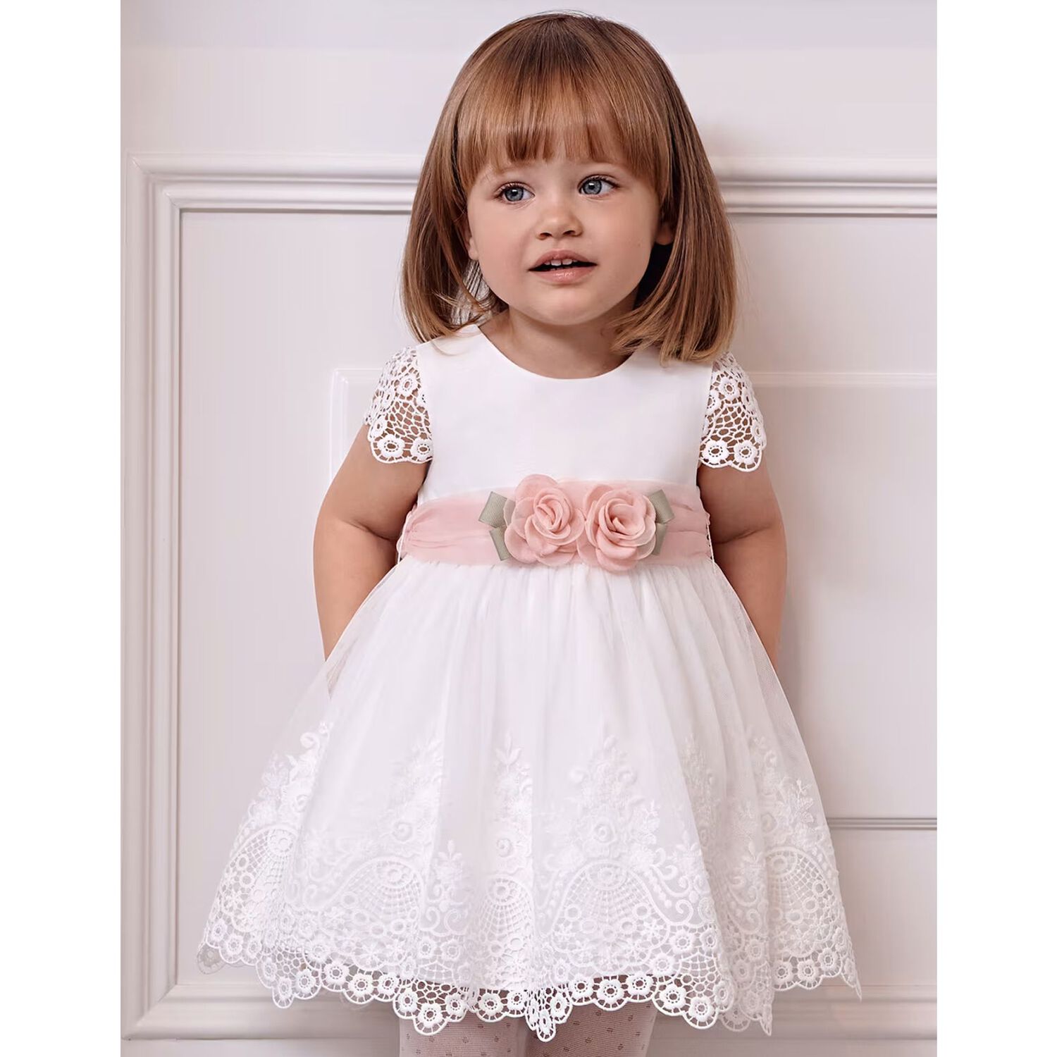 Younger Girls White Flower Lace & Tulle Dress, 1, hi-res