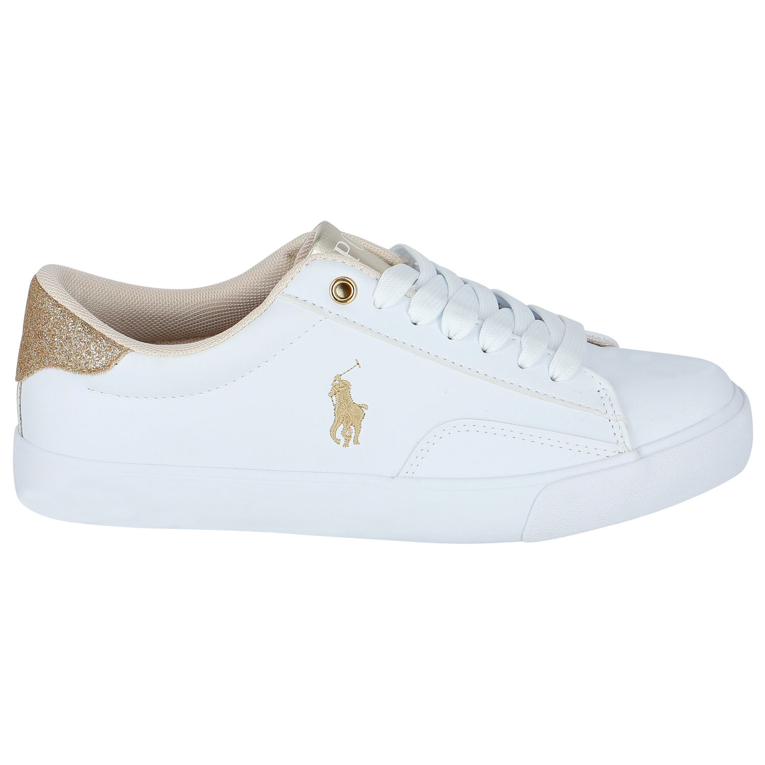 Girls White & Gold Logo Trainers, 1, hi-res