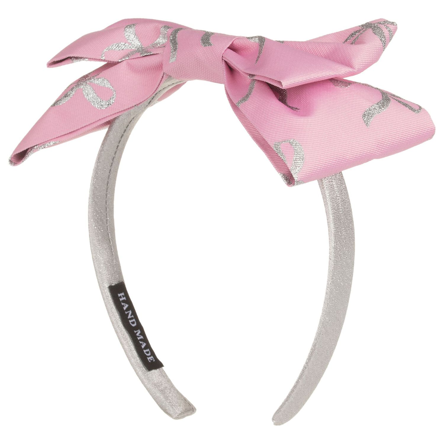 Girls Silver & Pink Bow Headband, 1, hi-res