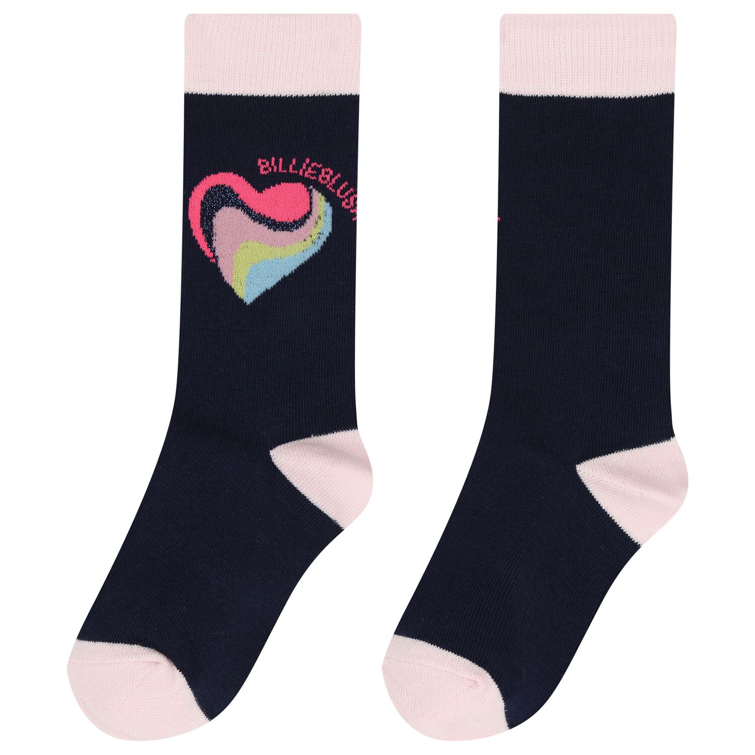 Girls Navy Blue & Pink Heart Socks, 1, hi-res