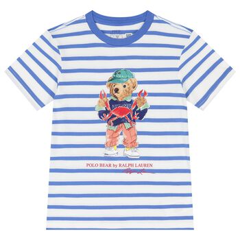 Boys Blue Striped Cotton Polo Bear T-Shirt