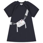 فستان بناتي أزرق داكن بشعار حقيبة, 1, hi-res