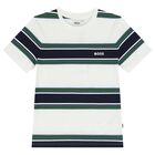 Boys White, Navy & Green Striped T-Shirt, 1, hi-res