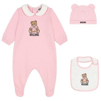 Baby Girls Pink & White Teddy Bear Logo Babygrow Gift Set