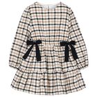 Girls Ivory & Black Bow Checkered Dress, 1, hi-res