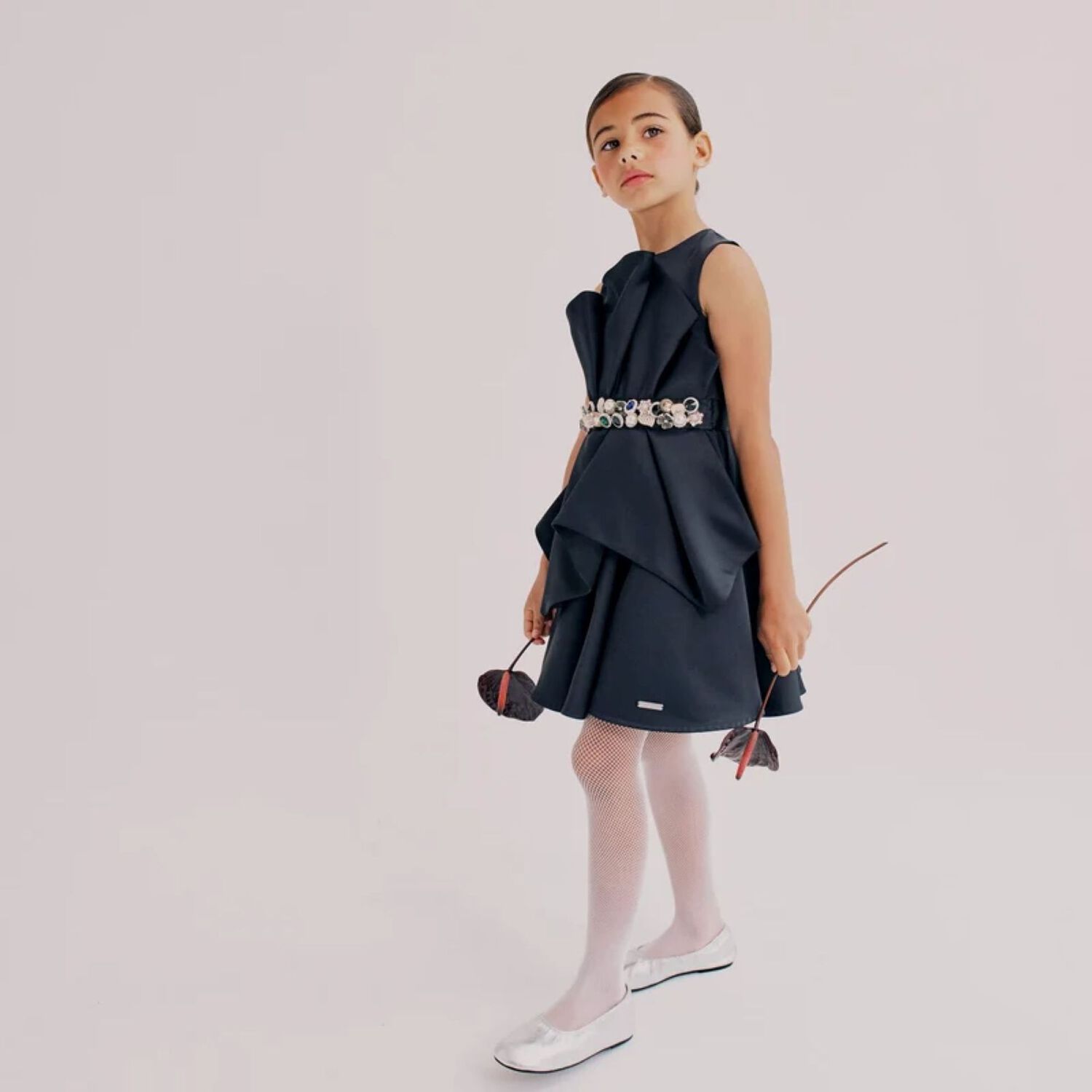 Girls Black Crystal Satin Ruffle Dress, 1, hi-res