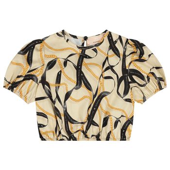 Girls Beige & Black Puffed Sleeve Top