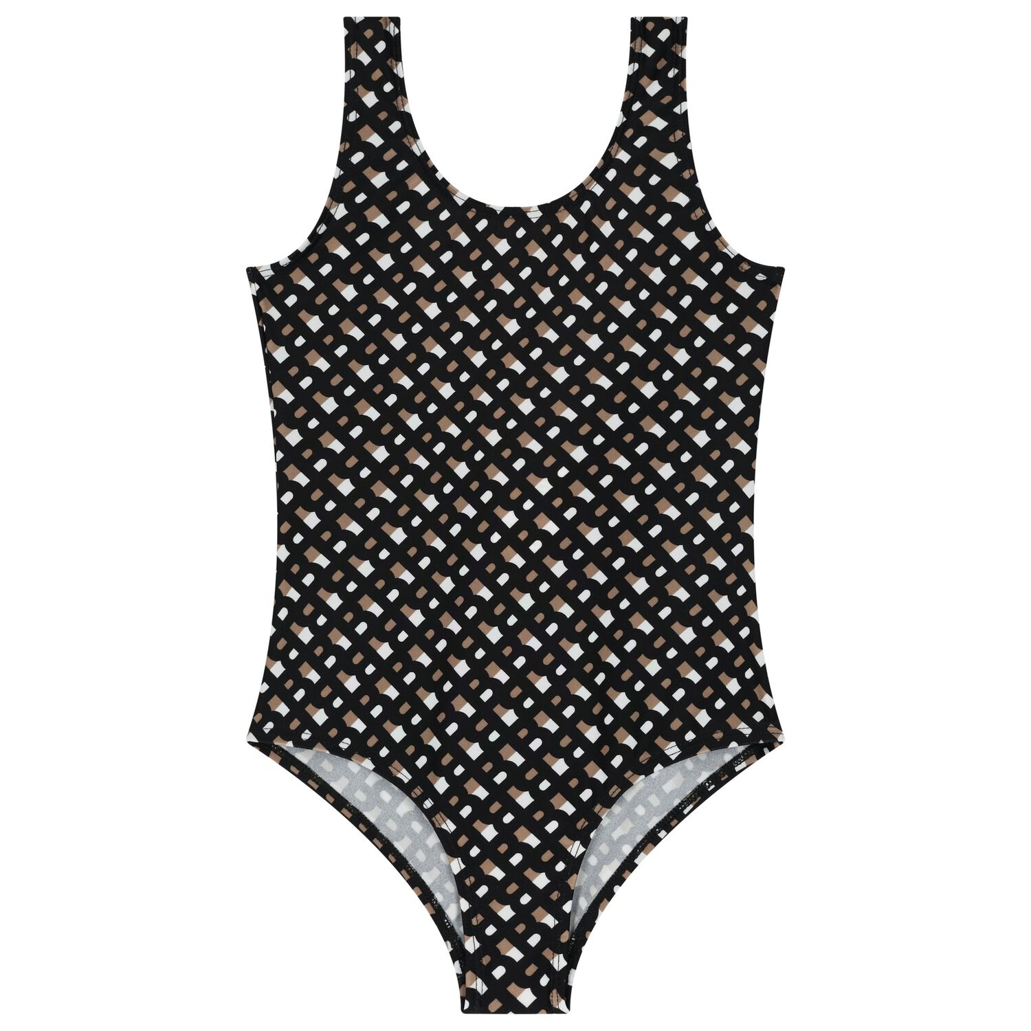 Girls Black, Beige & White Logo Swimsuit, 1, hi-res