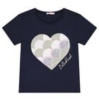 Girls Navy Blue Logo Heart T-Shirt, 2, hi-res