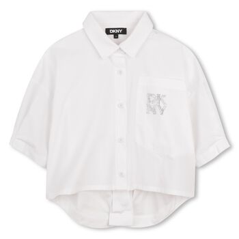 قميص بنات بشعار مزخرف بالماس باللون الابيض 