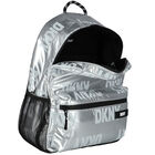 Girls Metallic Silver Logo Backpack, 1, hi-res