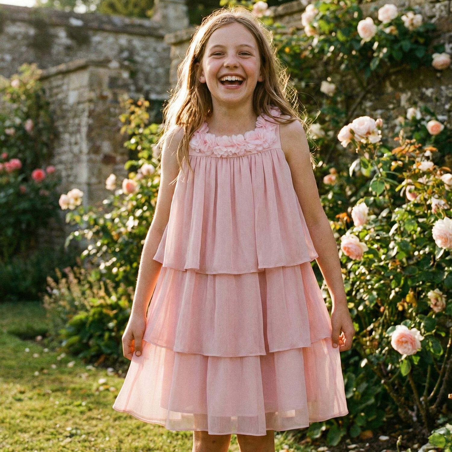 Girls Pink Flower Tiered Dress, 1, hi-res