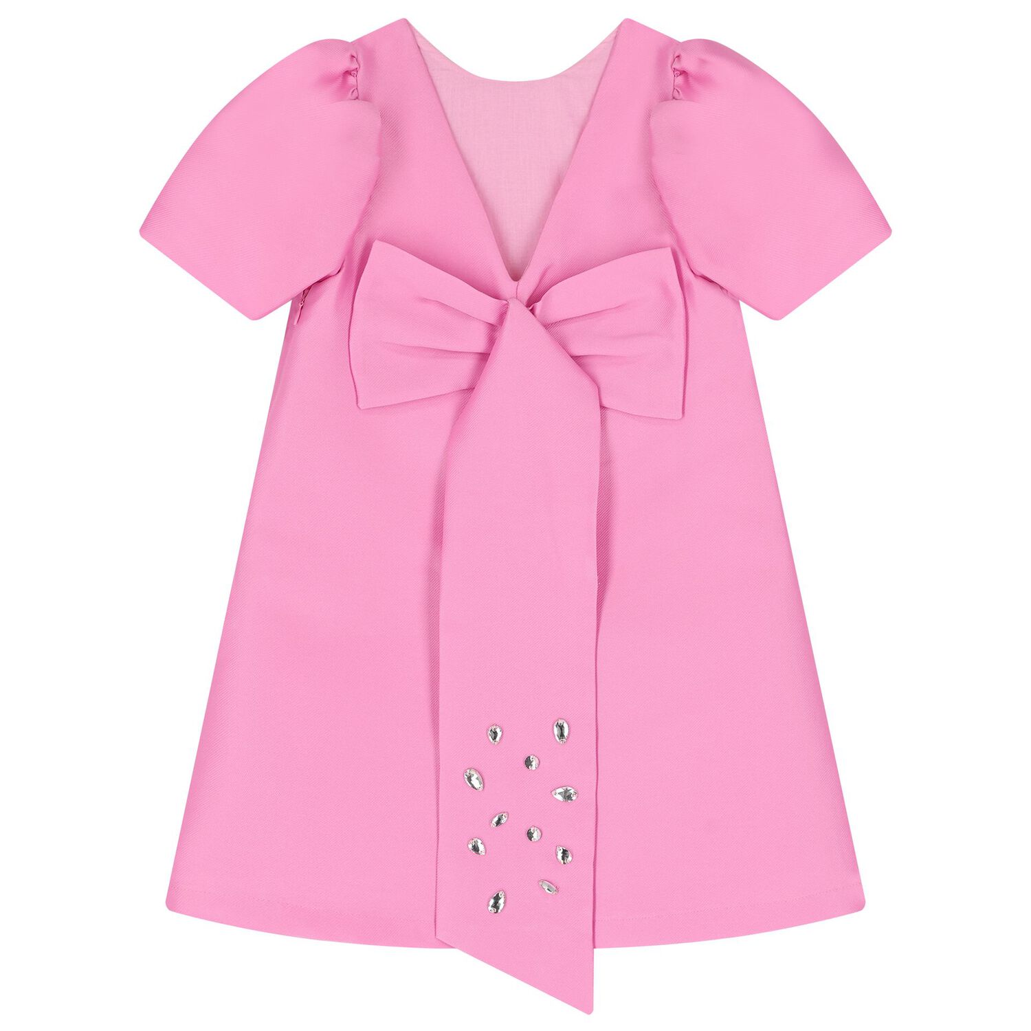 Girls Pink Bow Puff Sleeve Dress, 1, hi-res