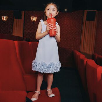 فستان بناتي باللون أزرق من الدانتيل الزهري الكريب