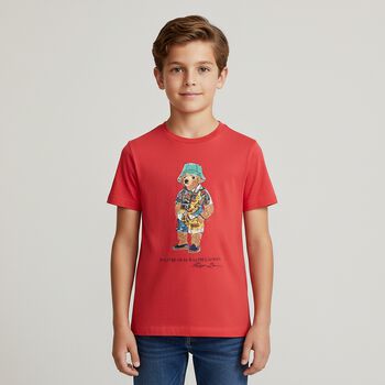 Boys Red Polo Bear Crew Neck T-Shirt