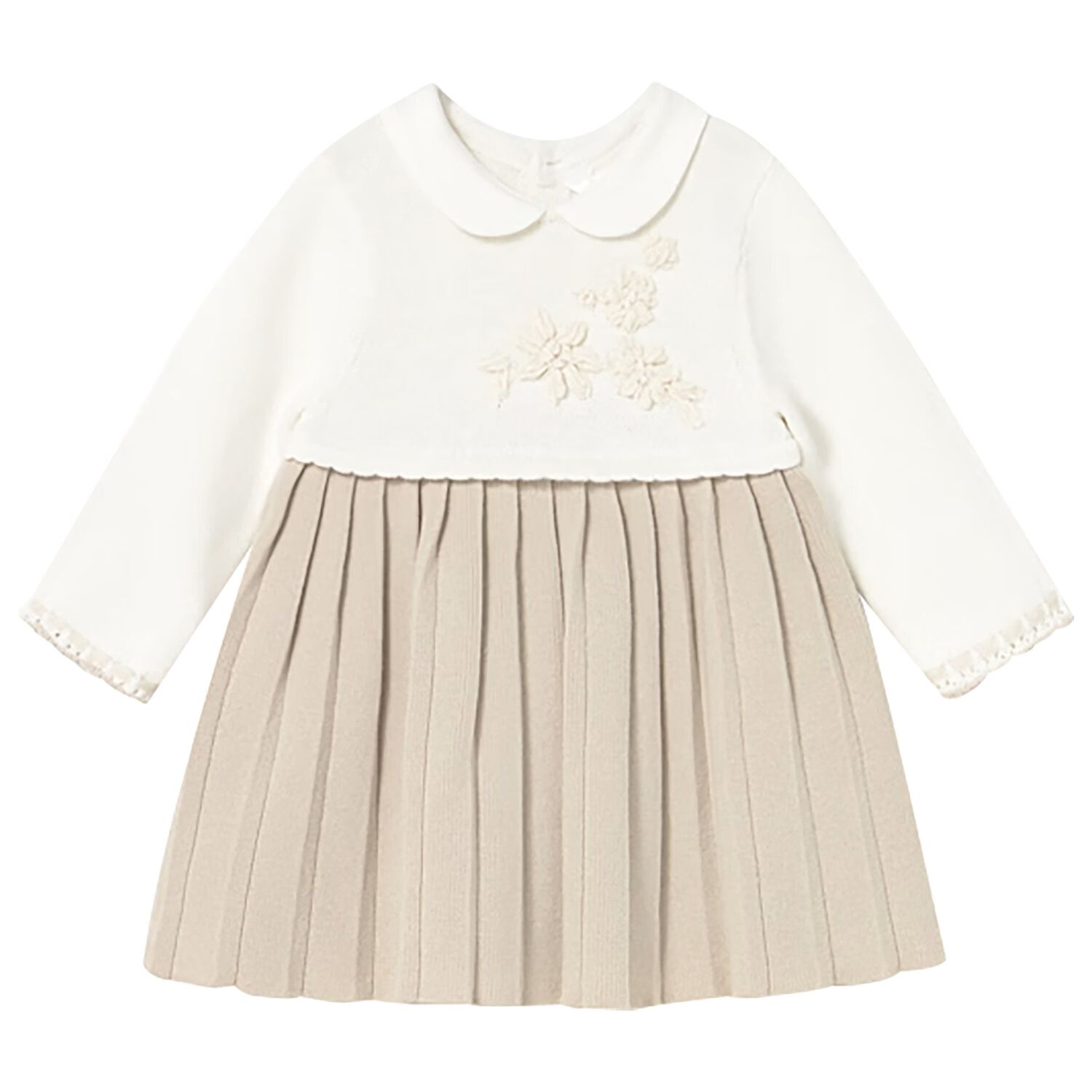 Baby Girls Ivory & Beige Knitted Dress, 1, hi-res