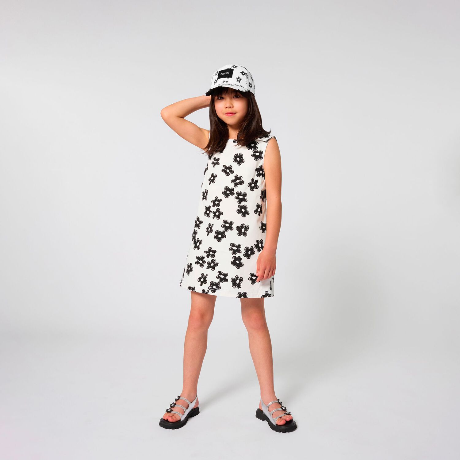 Girls White & Black Flower Dress, 1, hi-res