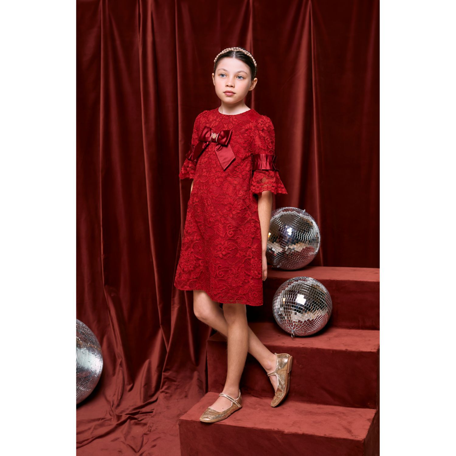 Girls Red Lace & Satin Bow Dress, 2, hi-res