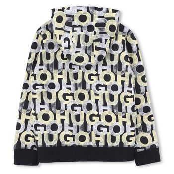 Boys Black Monogram Hooded Zip-Up Top