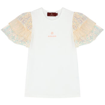 Girls White Sequins Logo T-Shirt