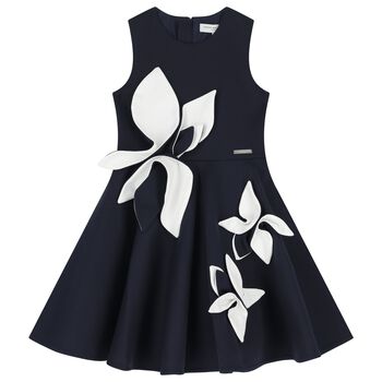 Girls Navy Blue & White Satin Floral Dress