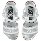 Girls White & Silver Leather Logo Sandals , 1, hi-res