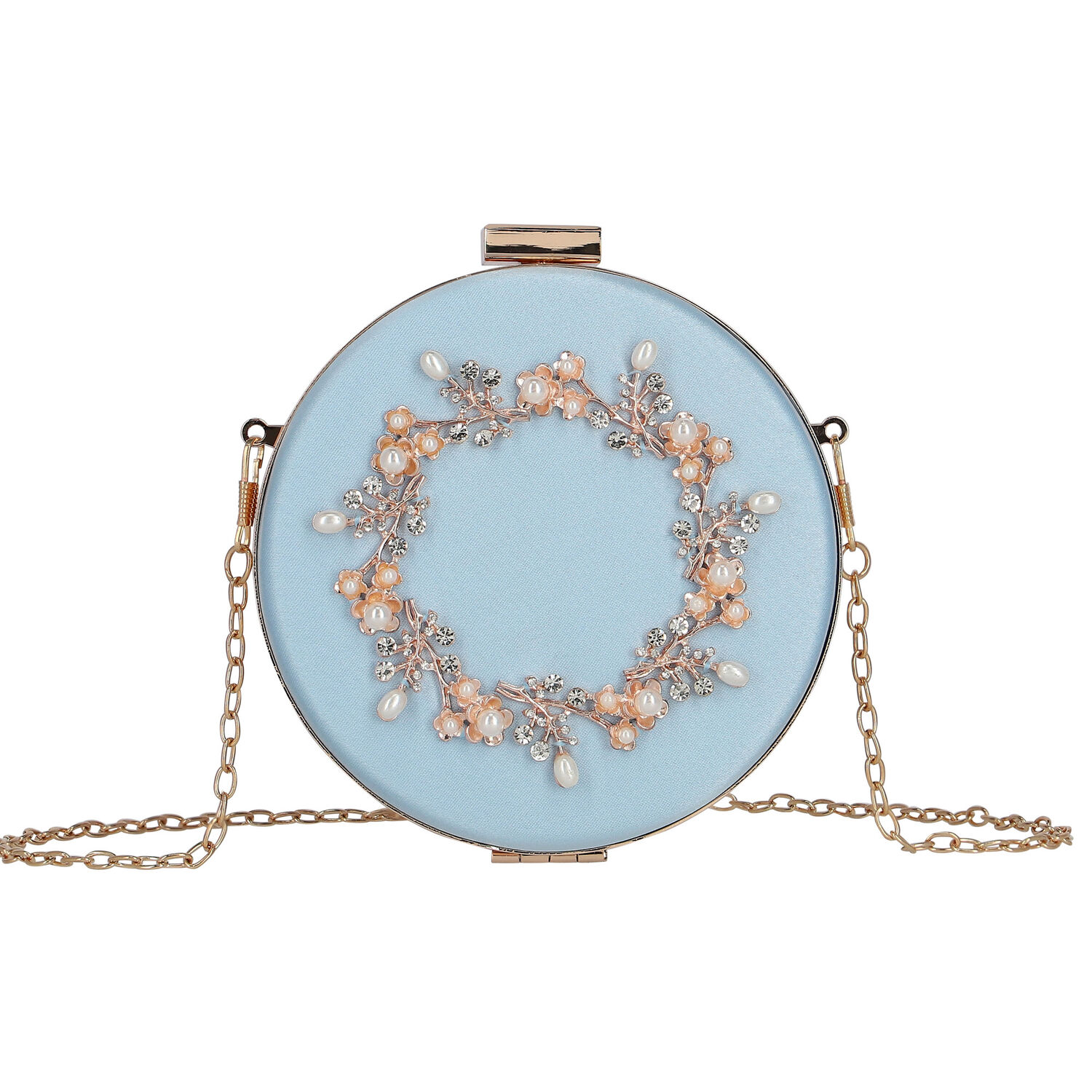 حقيبة بنات ساتان مطرزة باللون الازرق والذهبى, 1, hi-res image number null