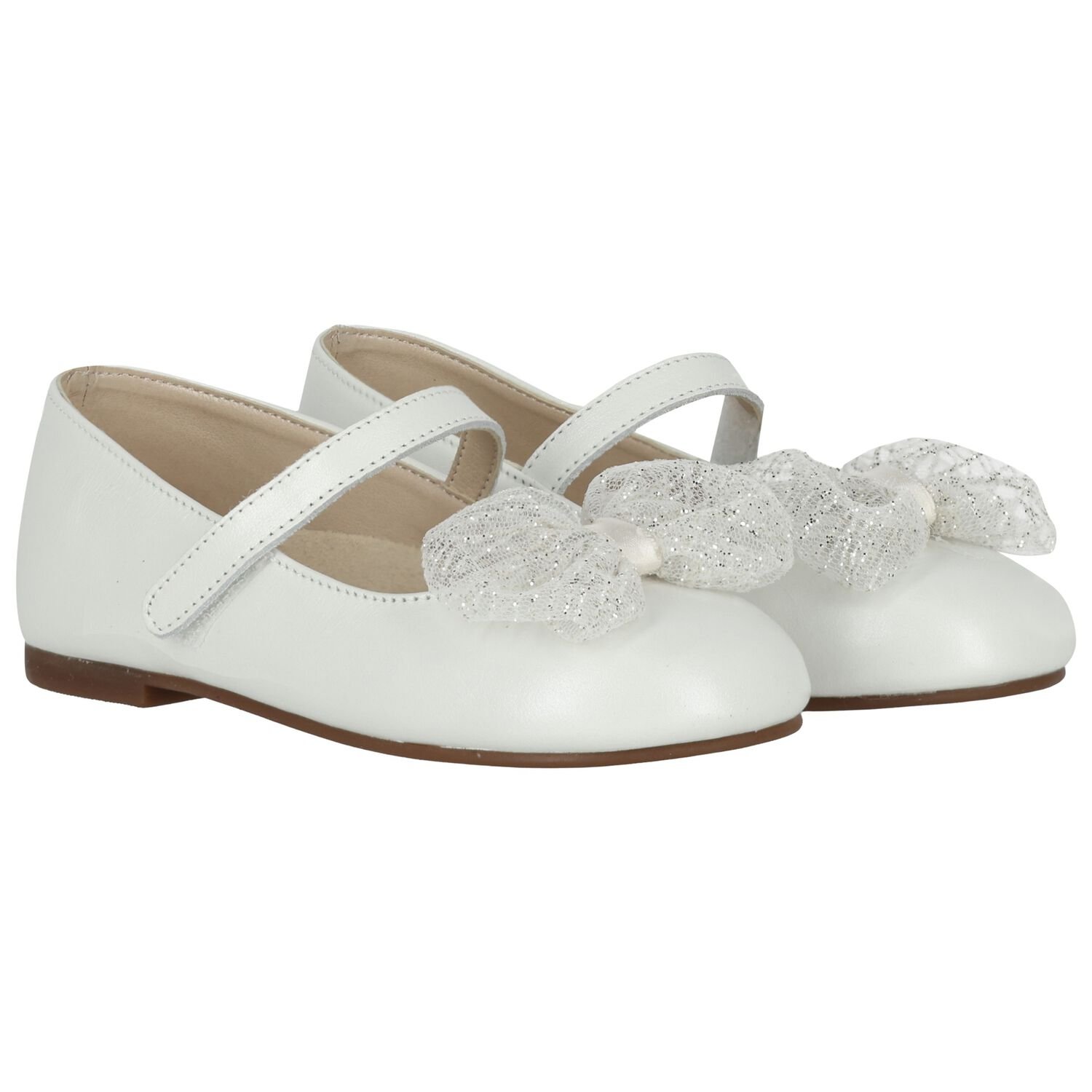 Girls Ivory Leather Bow Shoes, 1, hi-res